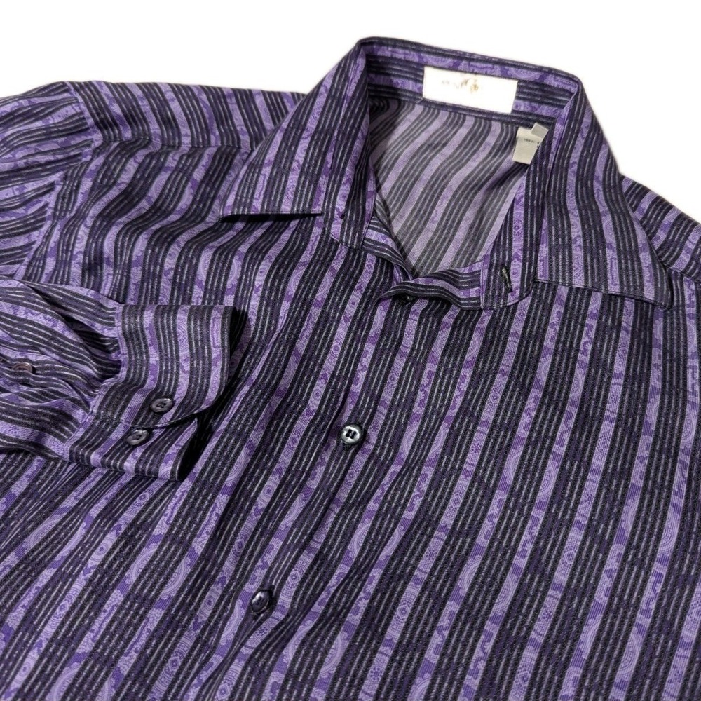 Gianni Viera‎ Men's Large 100% Silk Button Down Shirt Purple Black Stripe Italy